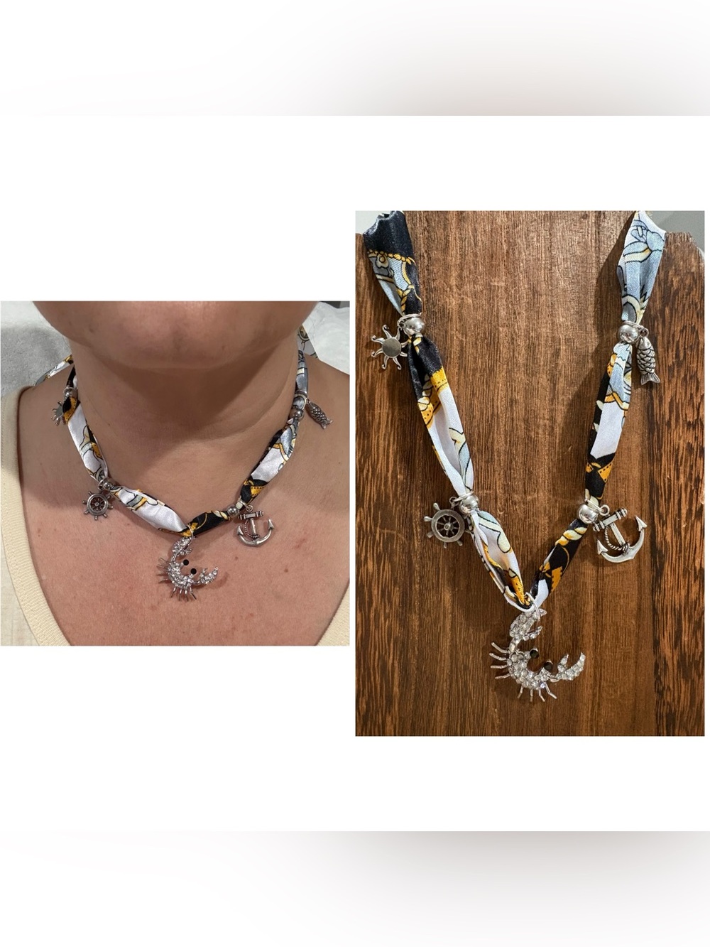Crab & Nautical Charm Scarf Necklace in Black, White & Gold Accent